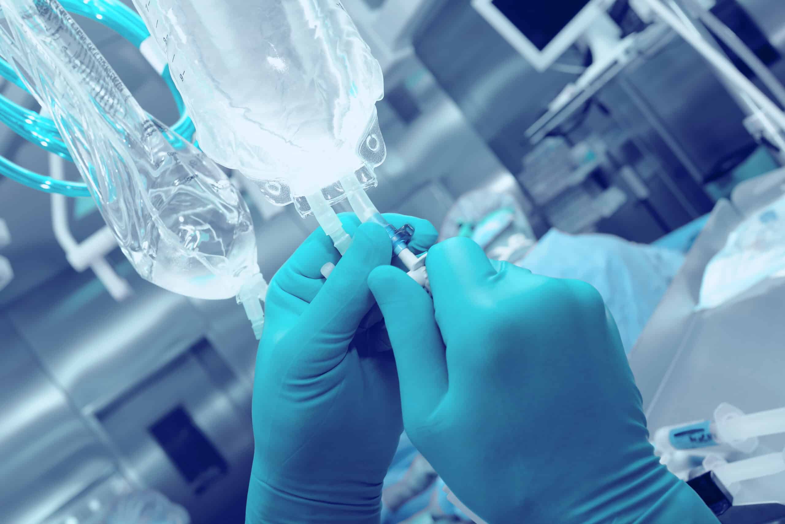 An IV containing common vasoactive drugs.