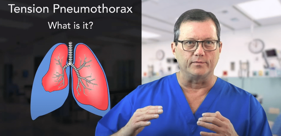 Air trapped in pleural space during tension pneumothorax.