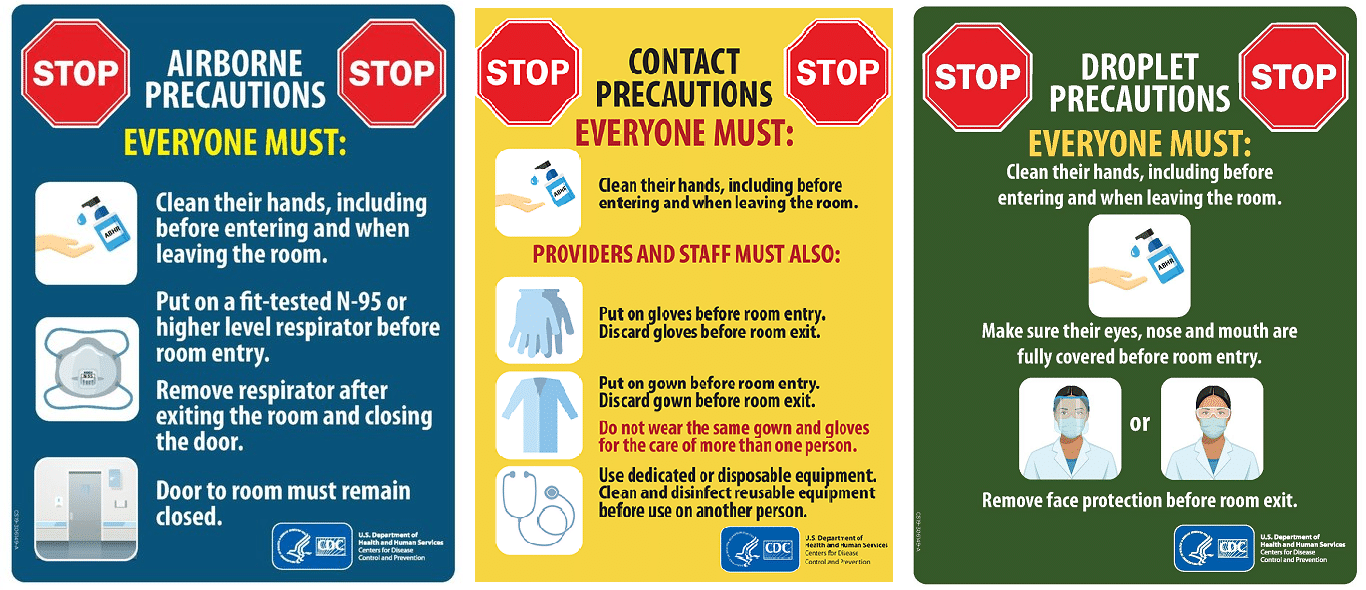 Isolation and infection precaution signs - outside a patient’s room.