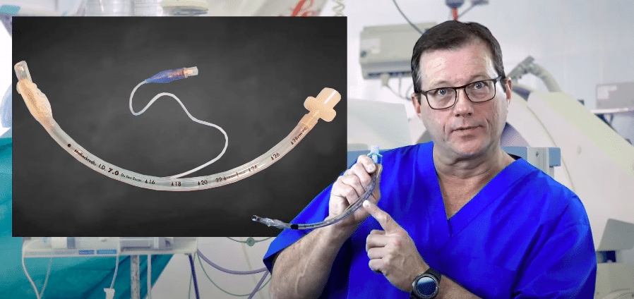 Numbered markings on the side of the endotracheal tube.