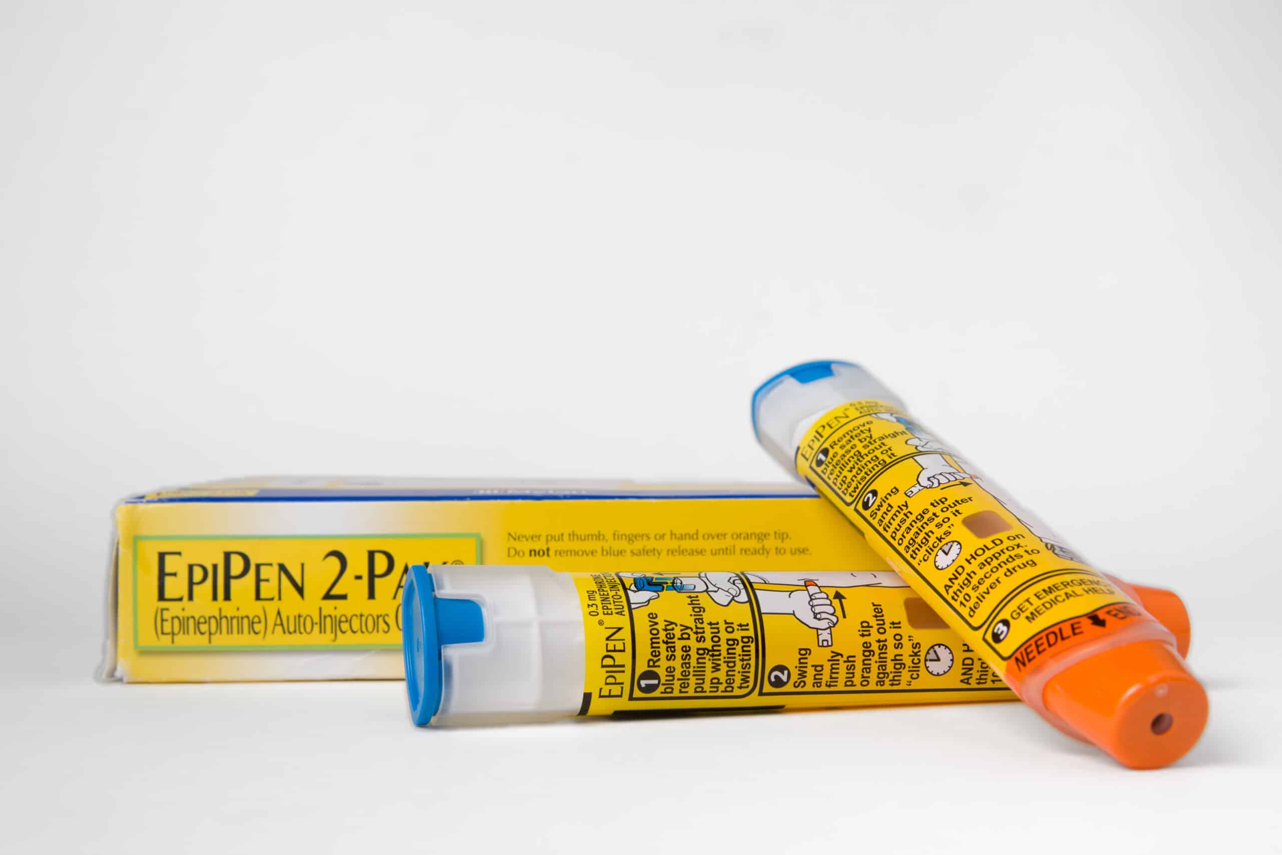 Epinephrine auto-injectors for emergency use.