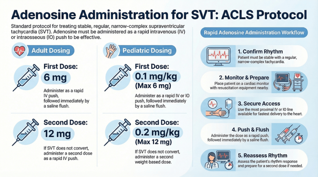 Adenosine dosing infographic for ACLS showing adult and pediatric SVT dosing with rapid IV administration steps