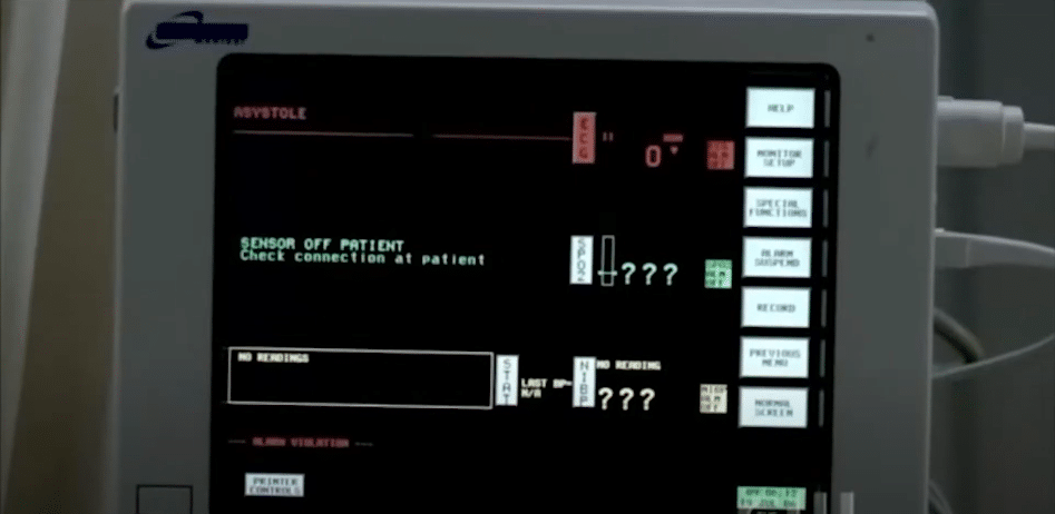Asystole on a cardiac monitor.