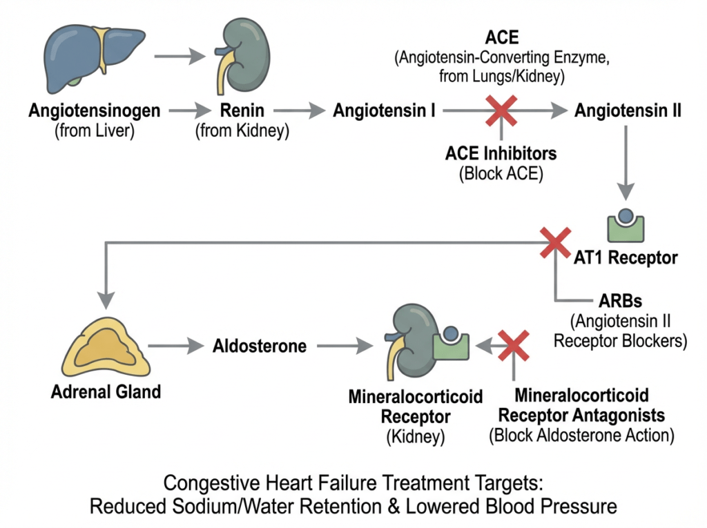 Diagram showing RAAS hormone pathway and medication targets including ACE inhibitors, ARBs, and aldosterone antagonists in heart failure.