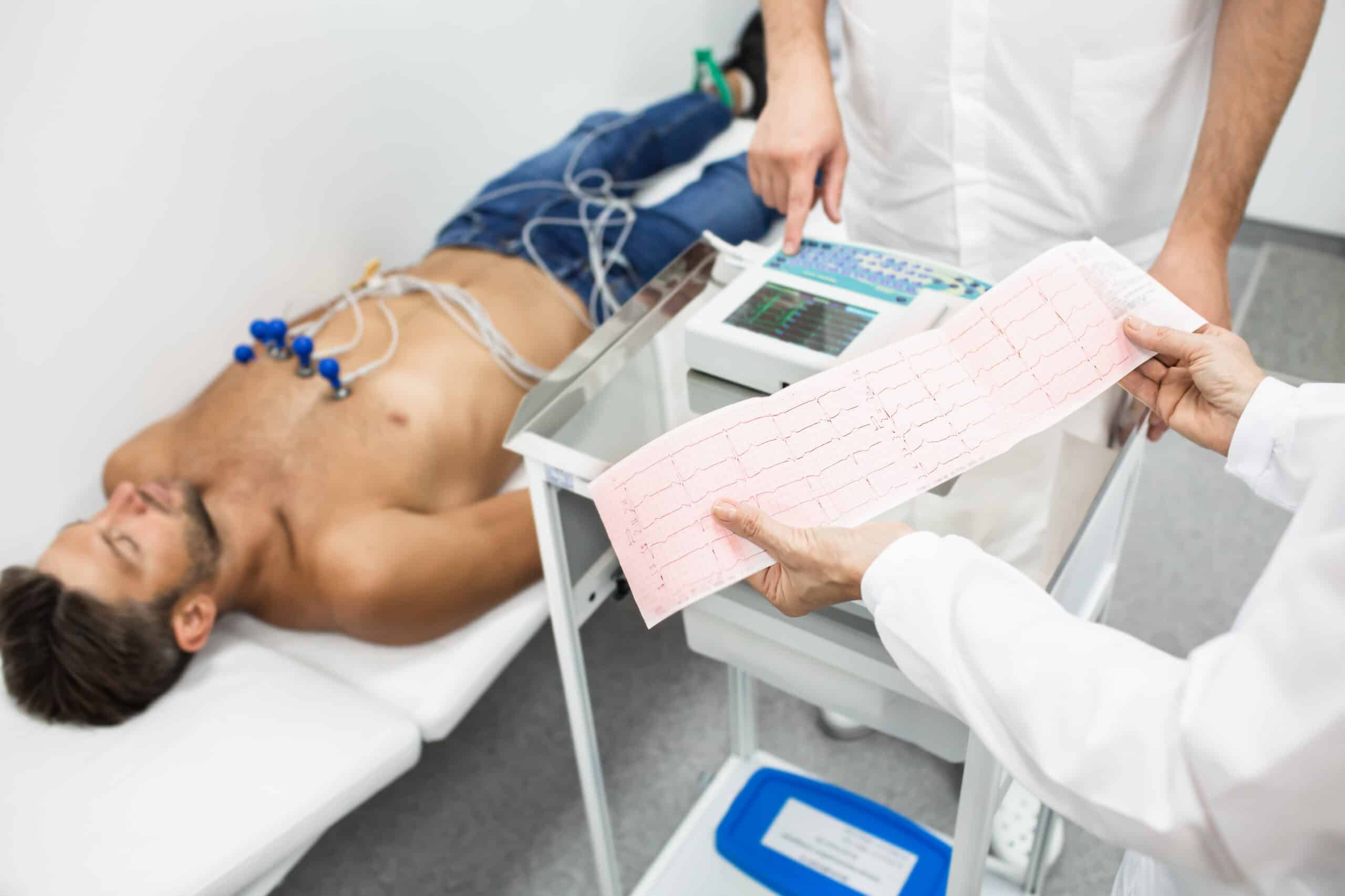 Electrocardiogram An electrocardiogram 12-leads placed on his chest.