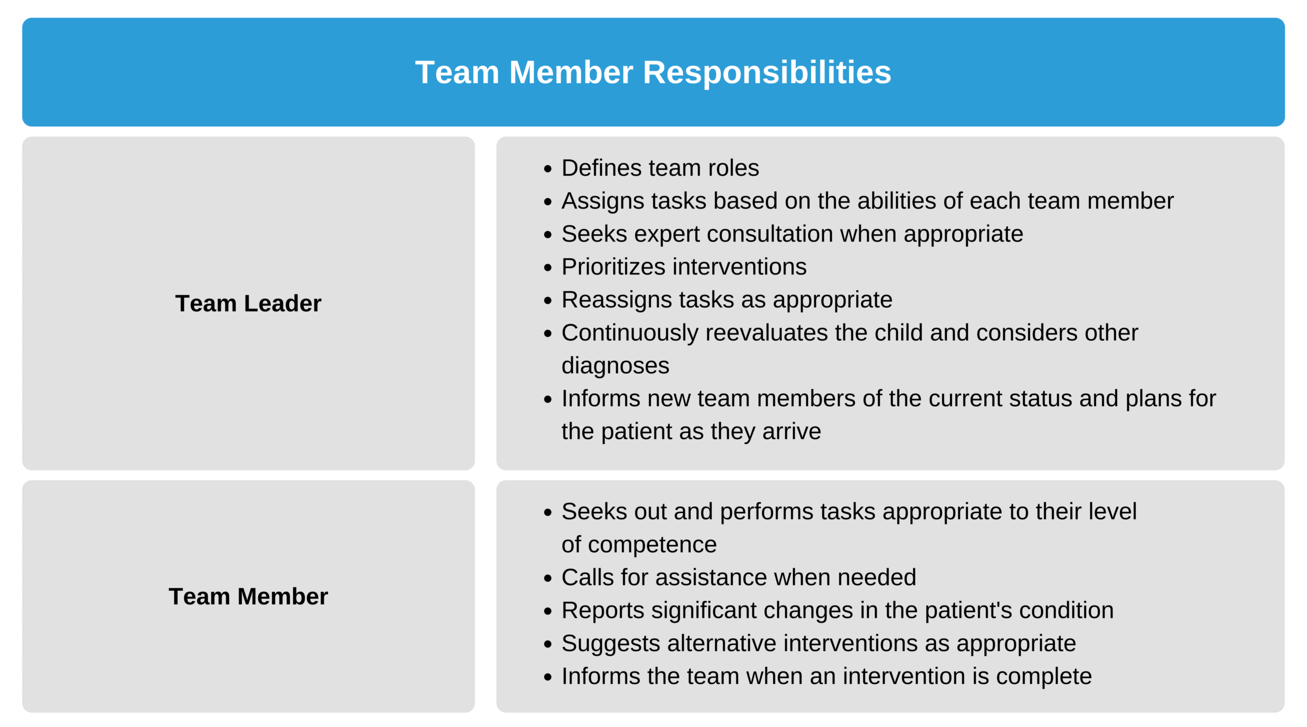 Team member responsibilities.