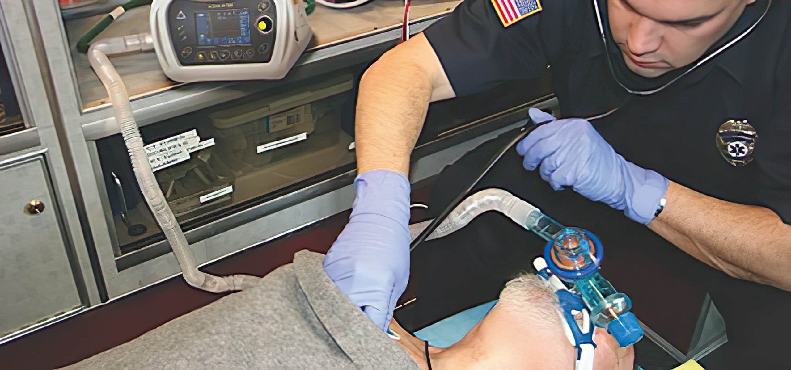 Automatic transport ventilator inside EMS vehicle.