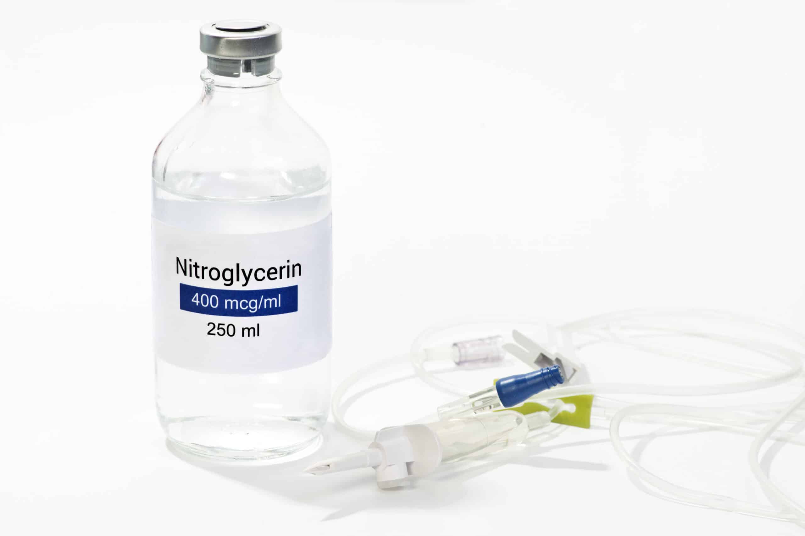 Intravenous nitroglycerin with catheter and tubing.