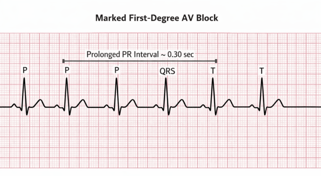 ECG strip showing marked first degree heart block with very prolonged PR interval