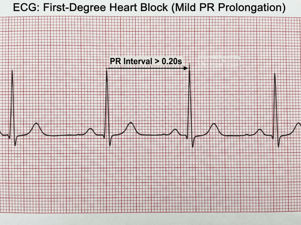 ECG strip showing first degree heart block with PR interval longer than 0.20 seconds